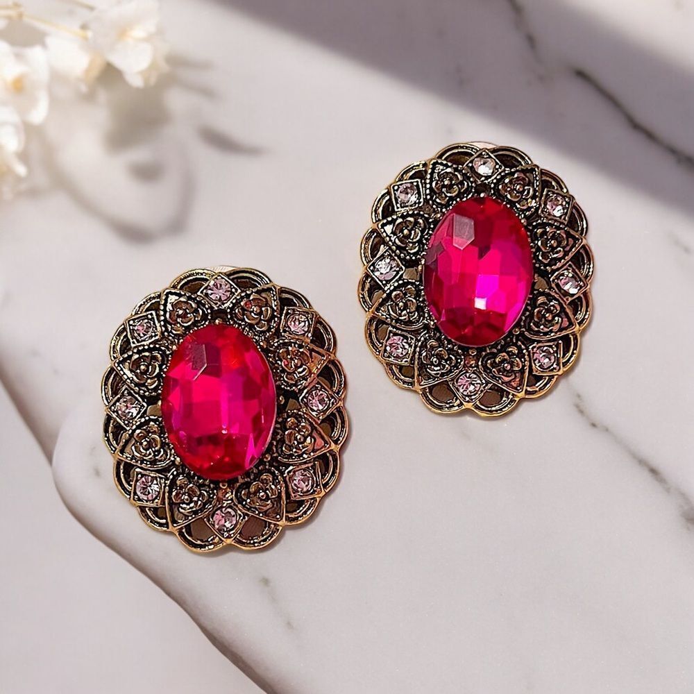Vintage Style Large Fuschia Rhinestone Antique Gold Tone Stud Earrings NWT